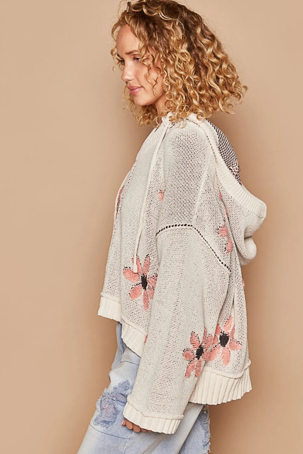 Floral Pattern Hooded High-Low Sweater for Women