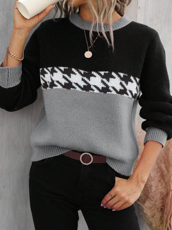 Fashionable Contrast Color Round Neck Knitted Sweater