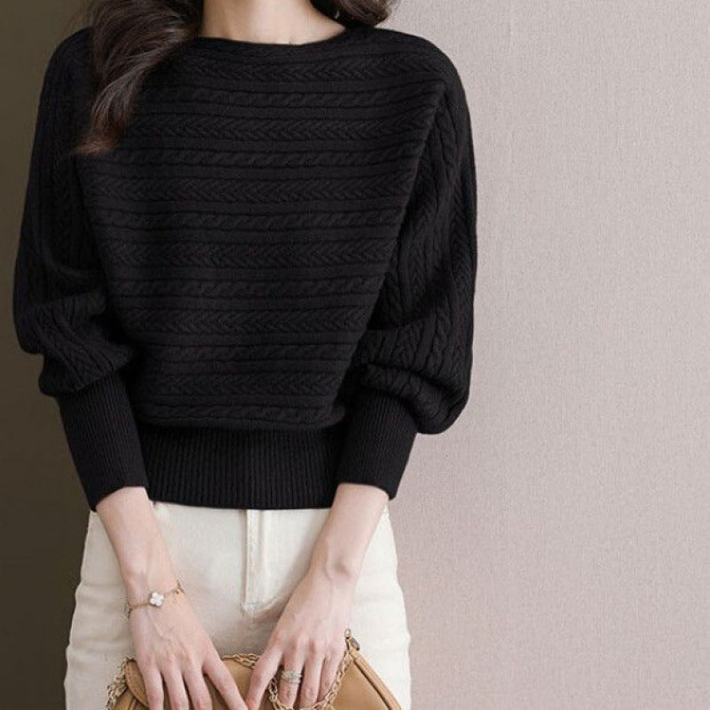 Autumn and Winter Boat Neck Loose-Fitting Batwing Sleeve Knitted Top