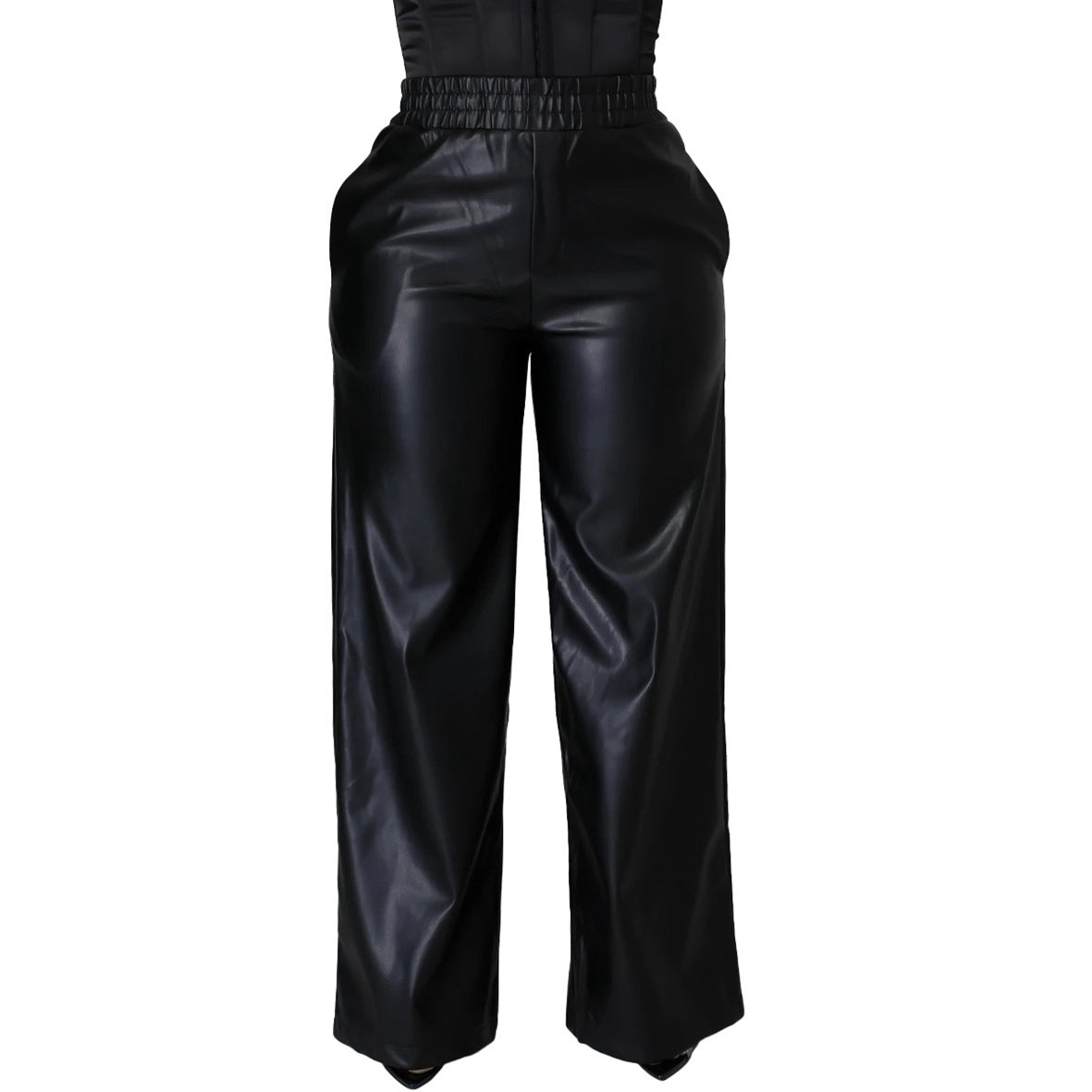 Solid Color PU Leather Wide-Leg Pants with Pockets, Loose Fit