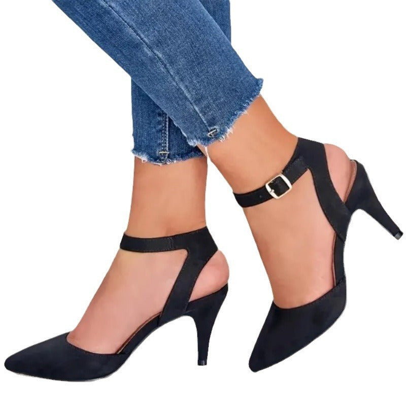 Fashionable Pointed-Toe High Heel Shoes with Square Buckle Detail