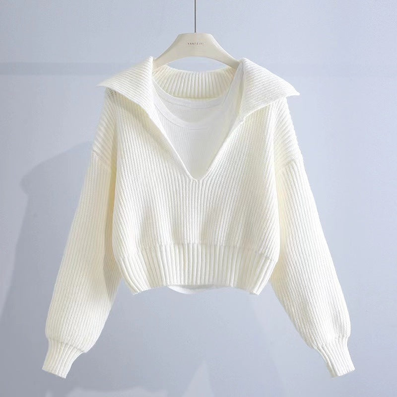 Sailor Collar Thick Loose-Fit Short Sweater for Women