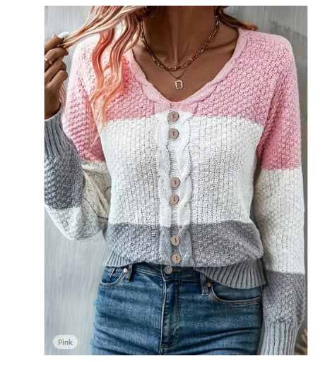 V-Neck Long Sleeve Pullover Knit Top with Fake Button Detail