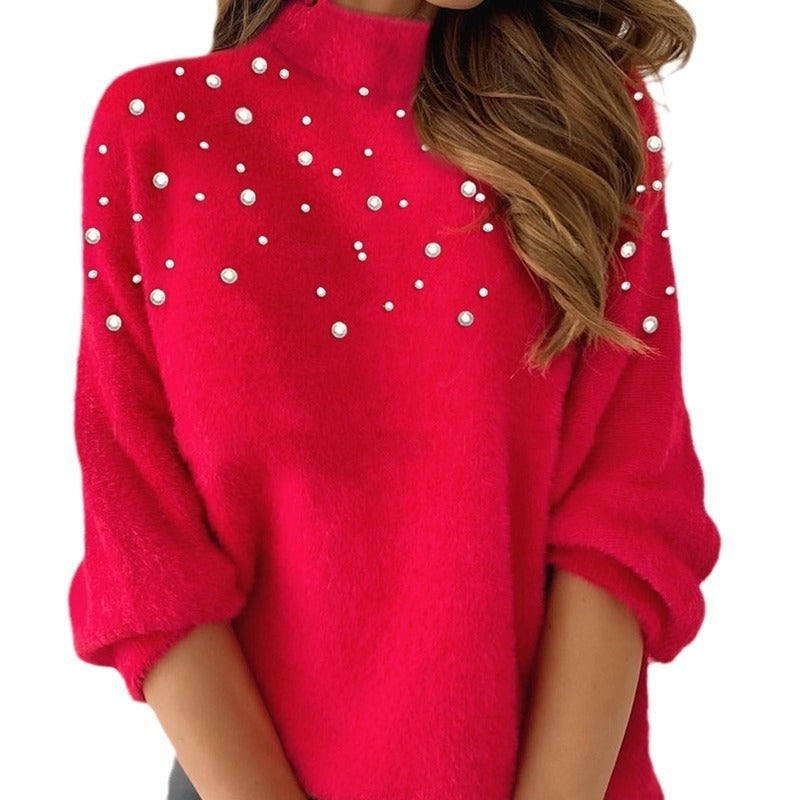 Women's Beaded Turtleneck Long-Sleeve Top - European & American Style