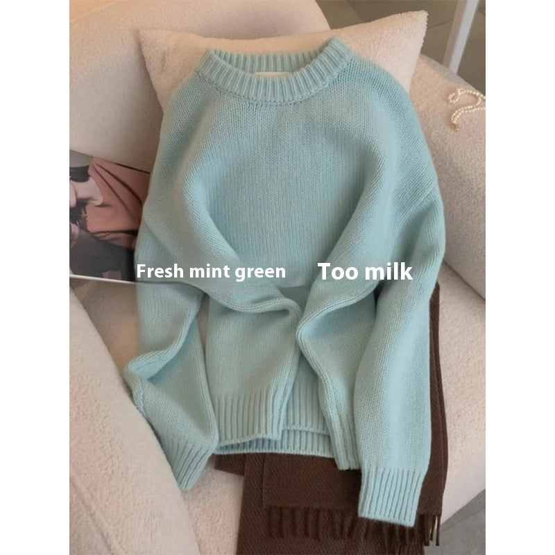 Leisure Milk Round Neck Sweater for Women