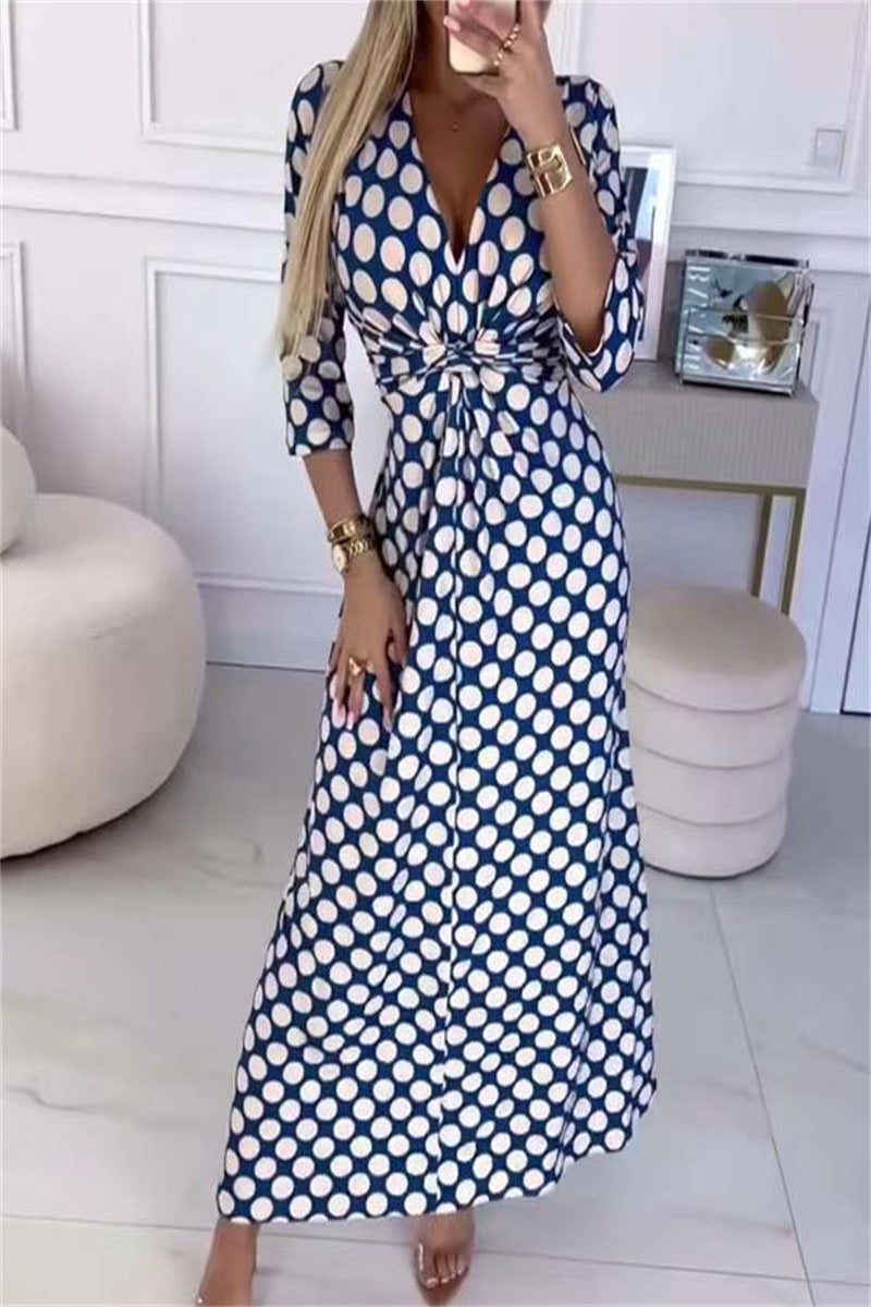 V-neck Casual Long Sleeve Dotted Prints Dress