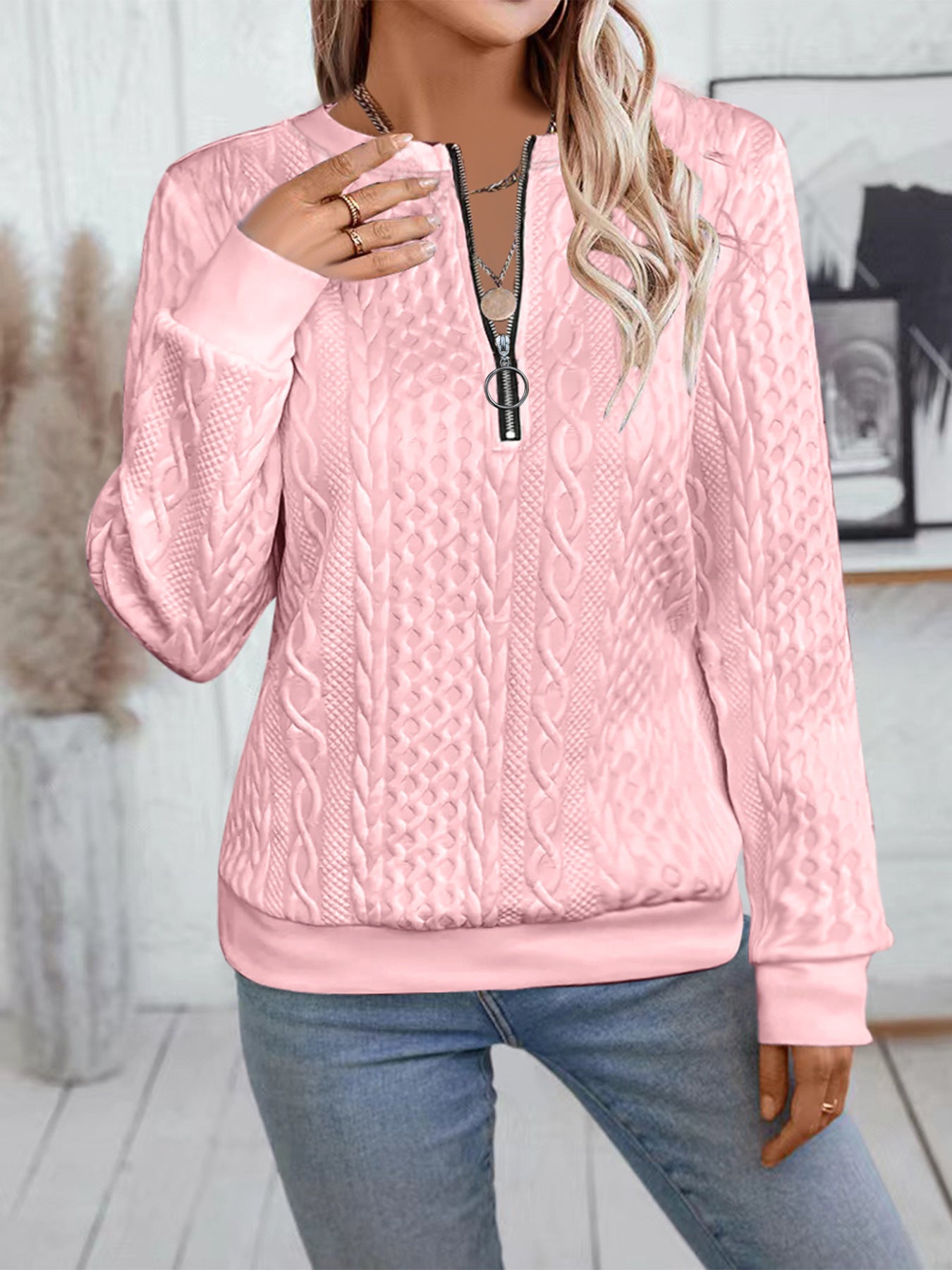 Women's Casual Long-Sleeve Zipper Sweater with Stylish Neckline