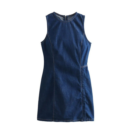 French Fashion Round Neck Slim Fit Denim Sleeveless Dress