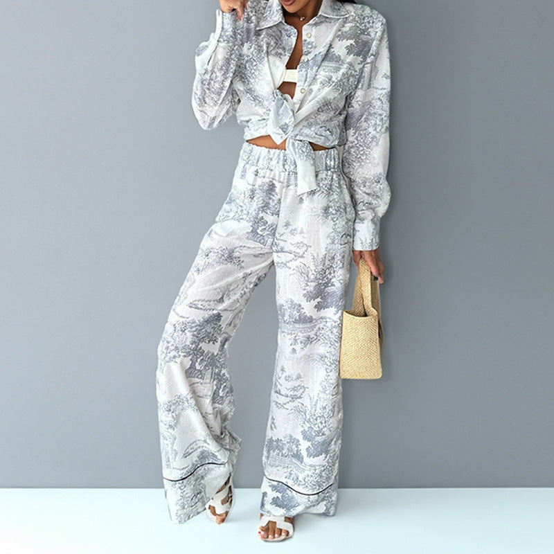 Women's Printed Shirt with Long Sleeves and Wide-Leg Pants Set