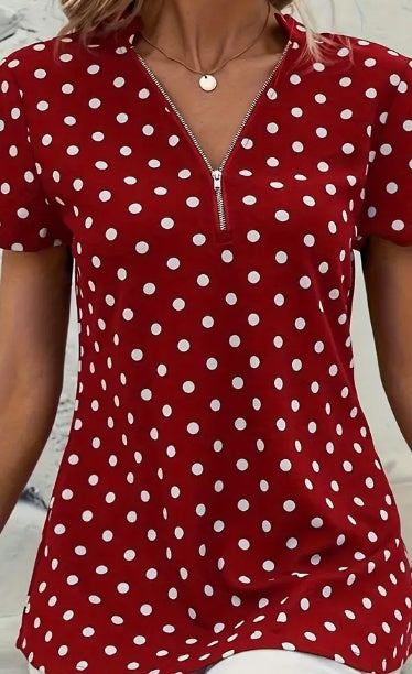 Women's Polka Dot V-Neck Blouse, Elegant Zipper Front Short Sleeve Top