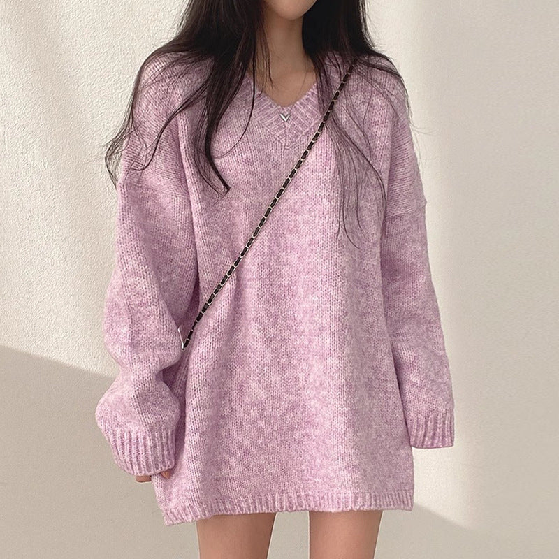 Wind V-Neck Soft Knit Loose-Fit Small Sweater Dress