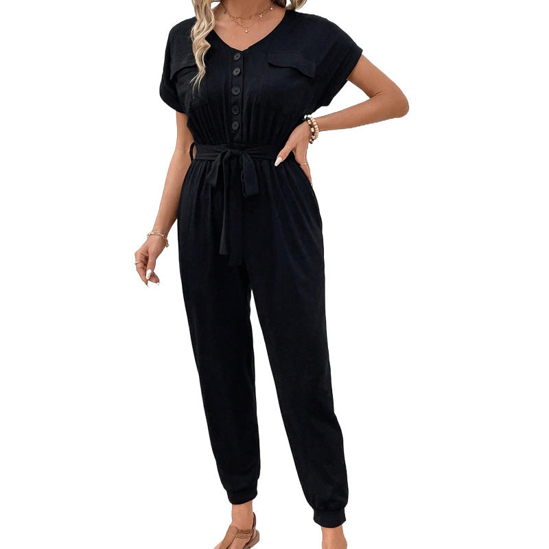 Black Short Sleeve Lace-Up Jumpsuit