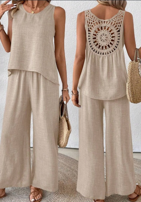 Summer Vacation Outfit – Solid Tank Top & Wide-Leg Pants Set