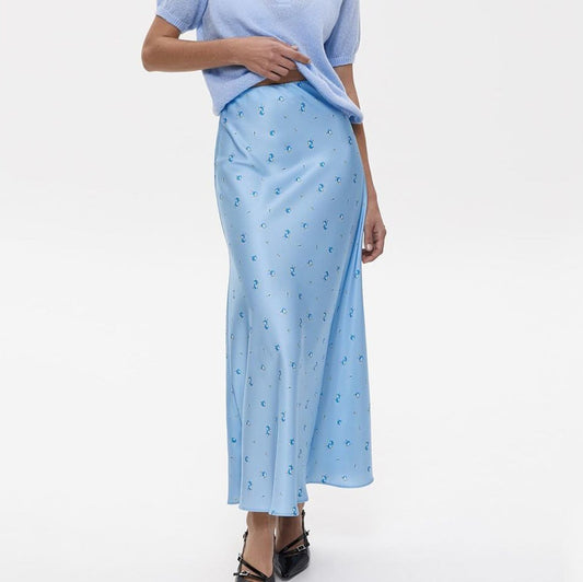 Satin Draped Printed Sheath Skirt with Waist Control