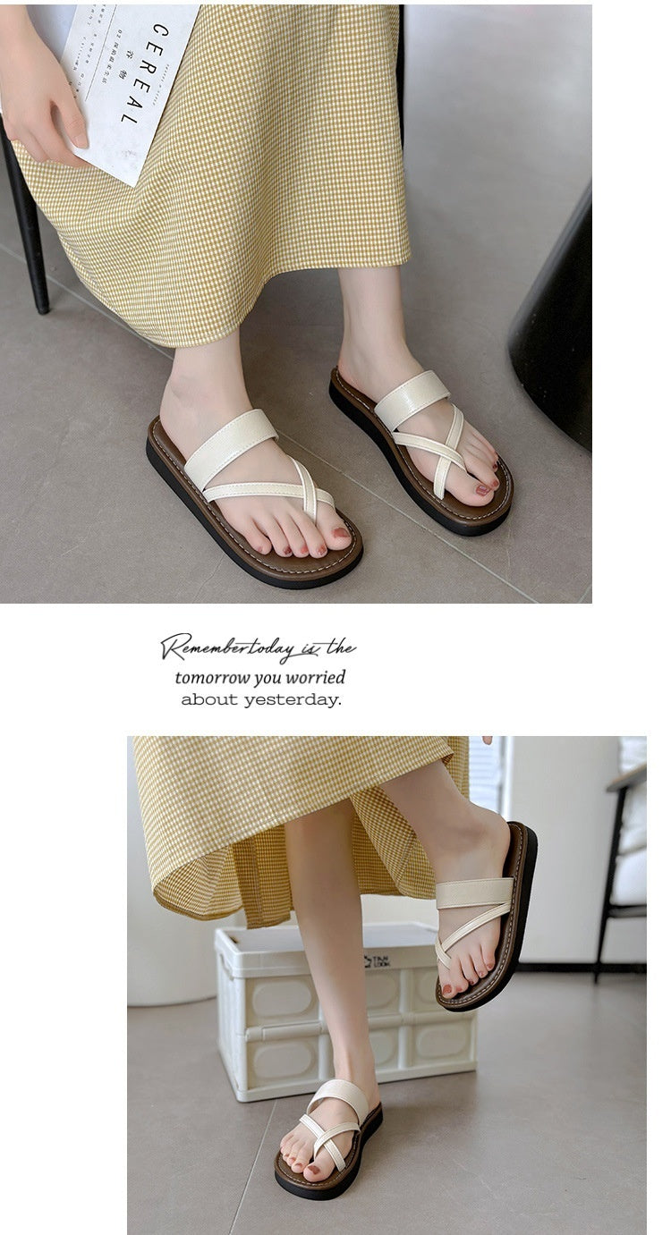 Women's Cross Strap Toe Covering Casual All-matching Outer Wear Vintage Soft Bottom Comfortable Beach Slippers