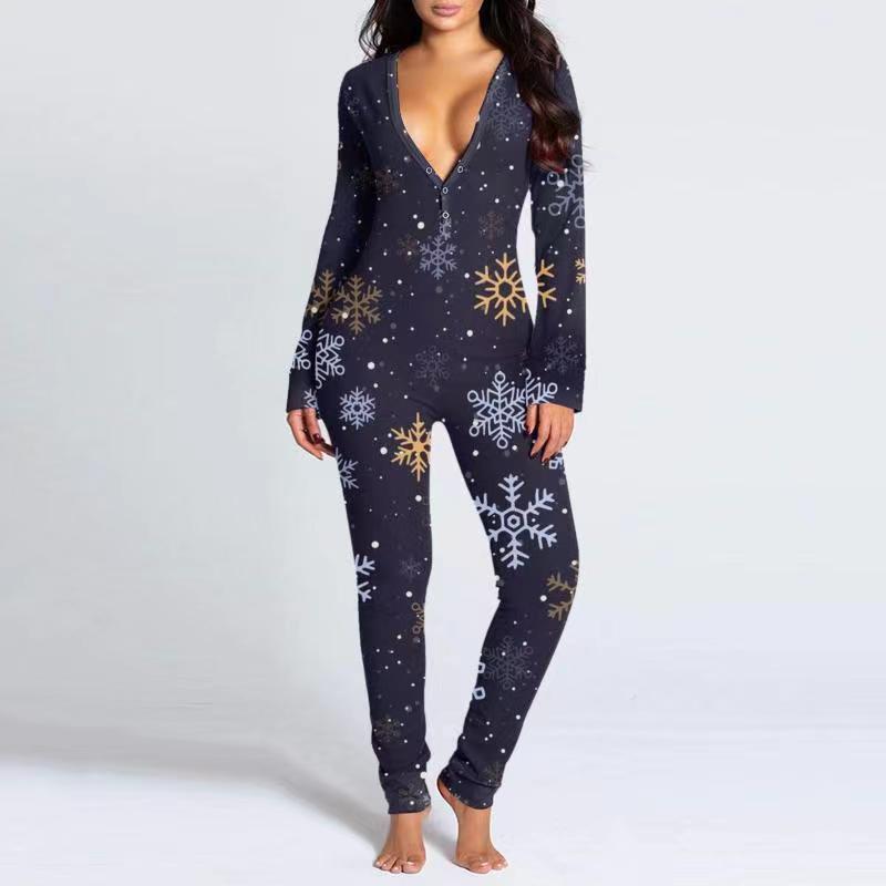 Women's Printed Button-Up Tight Jumpsuit