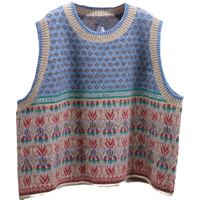 Women's Artistic Retro Sleeveless Vest Sweater, Loose-Fit Pullover