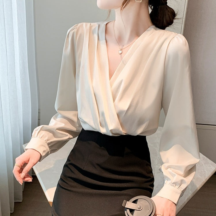 Women's V-Neck Satin Long-Sleeve Professional Blouse – Elegant Bottoming Shirt