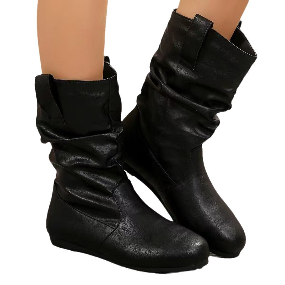 Large Size Flat-Soled Stitch Detail Round-Toe Mid-Calf Boots