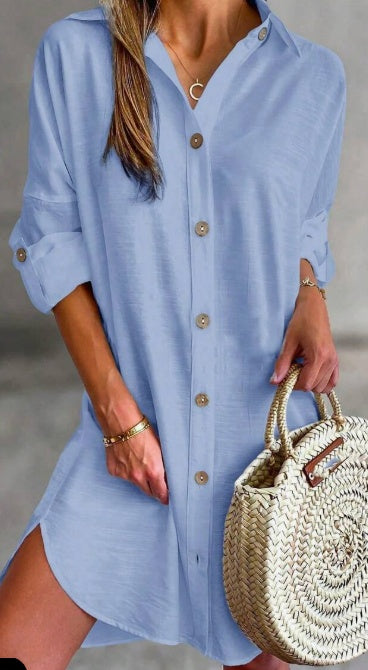 Women's Simple Button-Down Casual Long-Sleeve Shirt Dress with Adjustable Sleeve Length