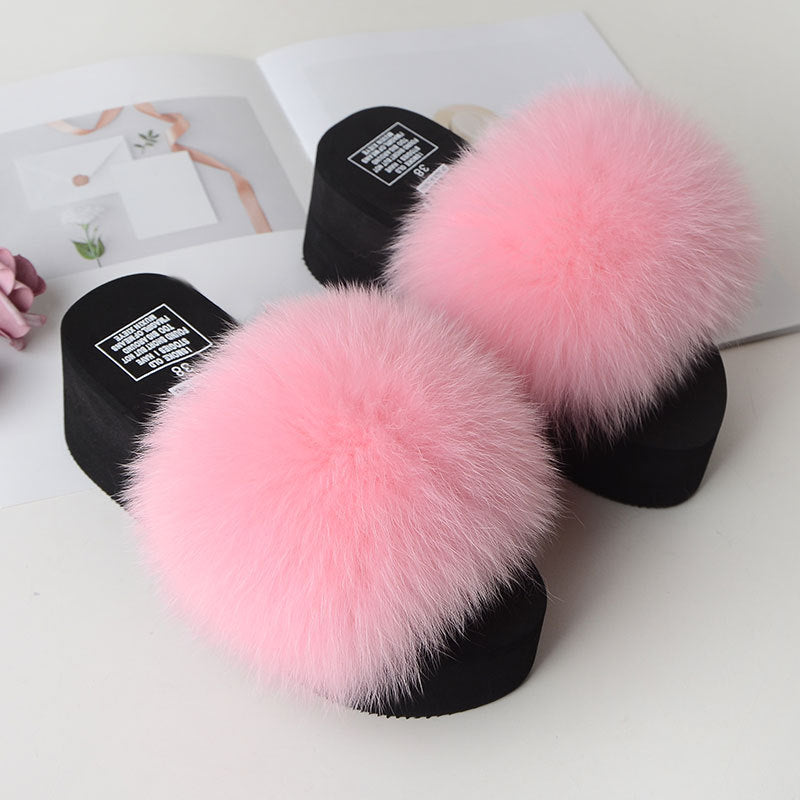 New Fox Fur Women Sandals Height Increasing Casual