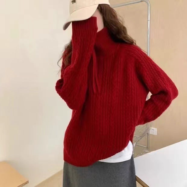 Women's Lapel Half-Zipper Cable-Knit Pullover Sweater