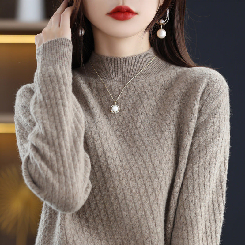 Pure Wool Women's Half-Turtleneck Knitted Sweater - Bottoming Shirt Style