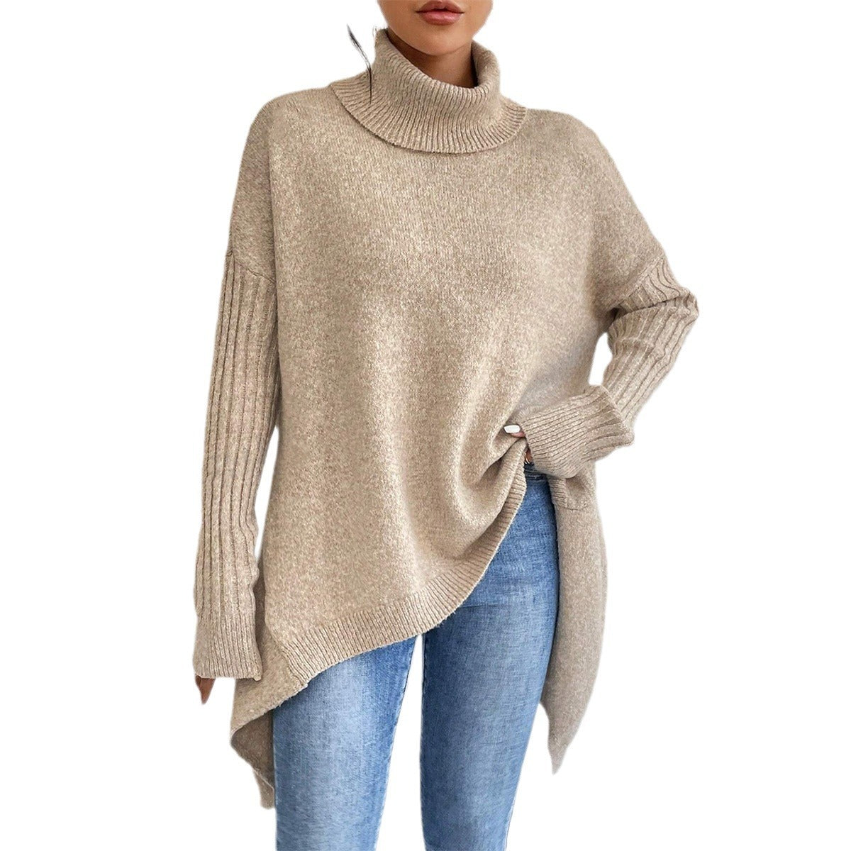 Irregular Hem Turtleneck Knitted Sweater with Loose Shoulders and Vertical Pattern, Long Sleeve