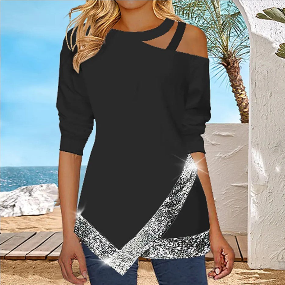 New Strapless Irregular Sequin Long Sleeve Casual Top