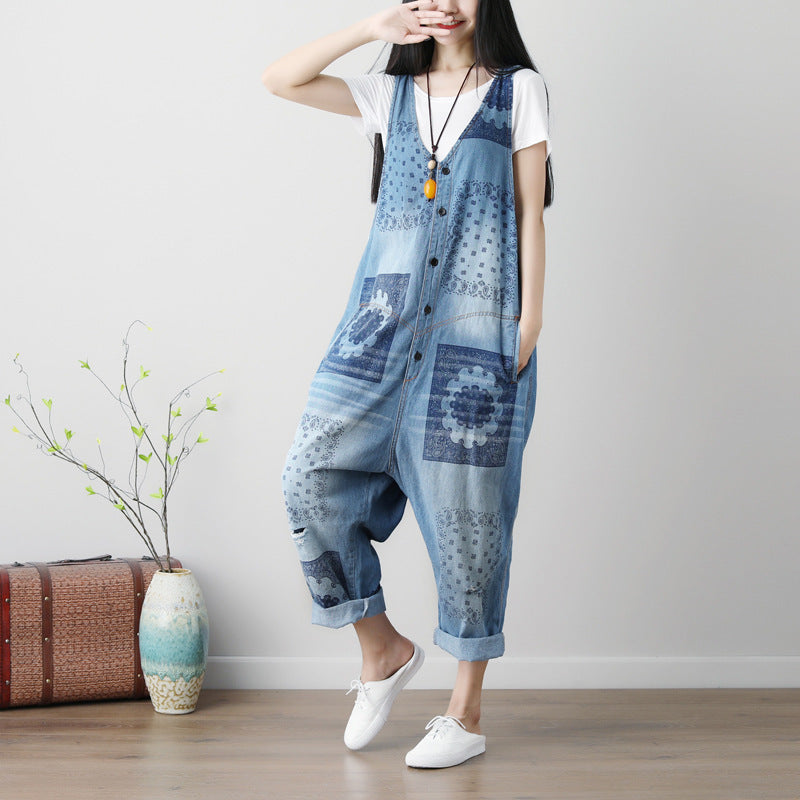 Sleeveless Plus Size Washed Printed Ripped Denim Overalls