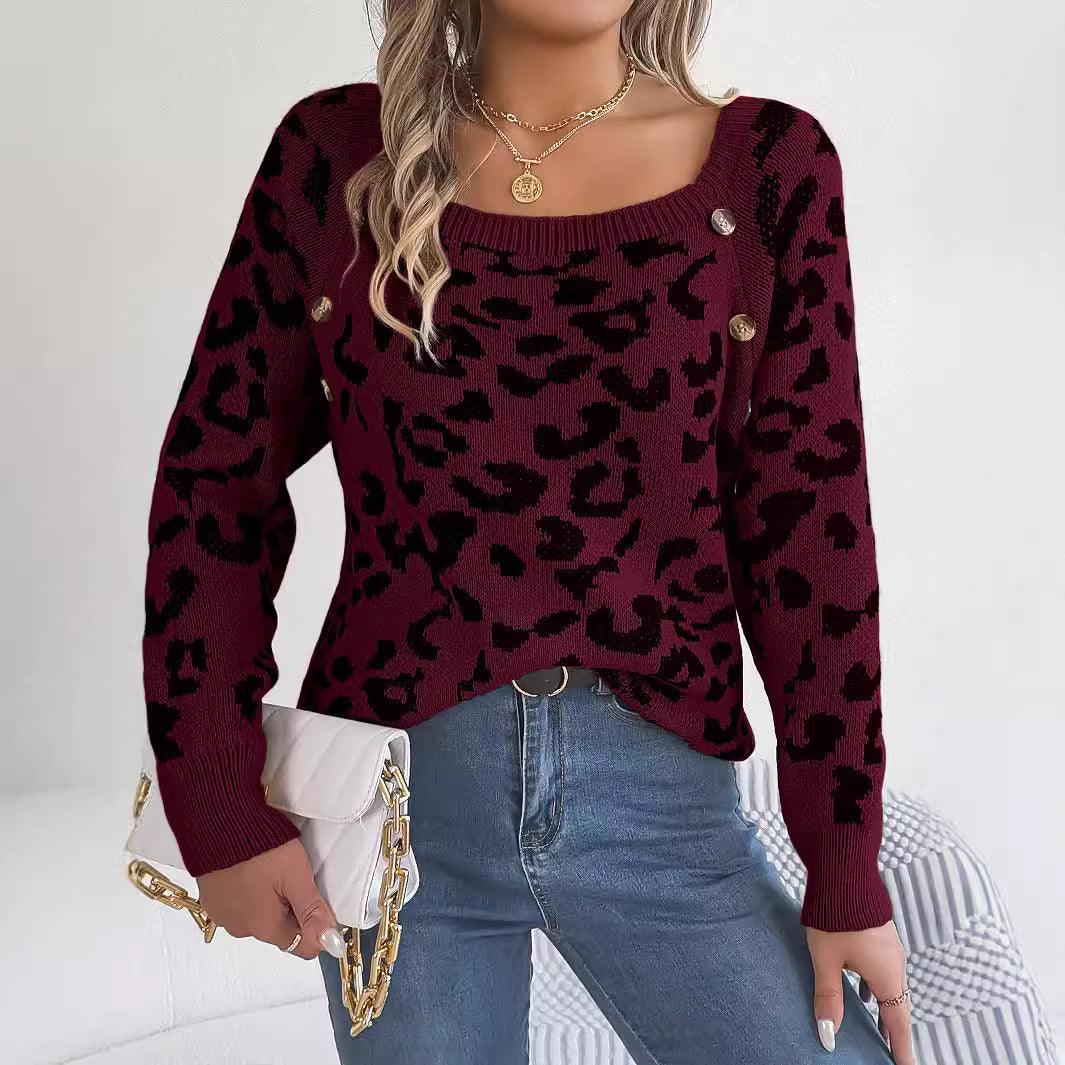 Casual Square Collar Button Contrast Color Leopard Print Long Sleeve Sweater