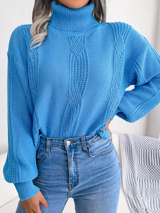 Women Turtleneck Cable Knit Lantern Sleeve Sweater Top