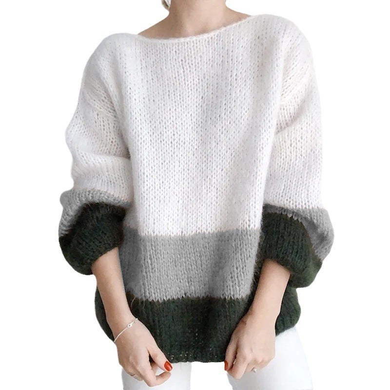 New Autumn and Winter Temperament Commuter Color-Blocking Knitted Furry Sweater