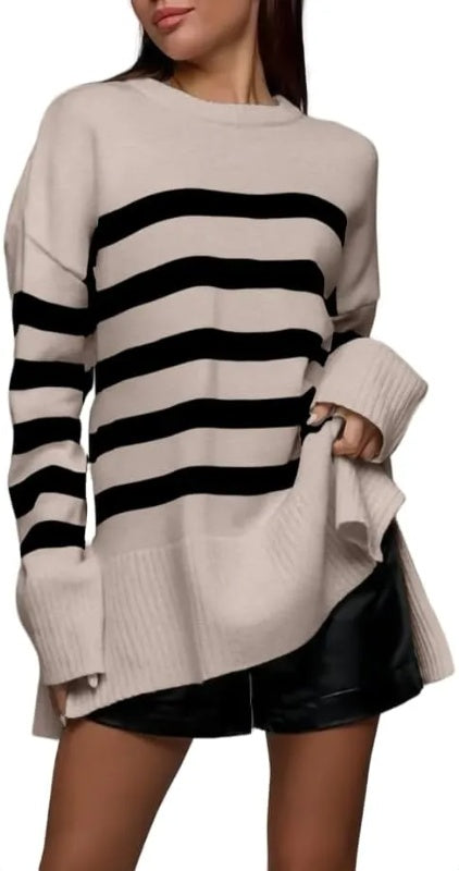 Women's Casual Striped Long Sleeve Top, Fashionable Round Neck Slim Fit Loose Basic Shirt