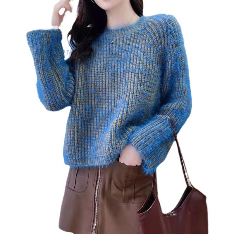 Loose-Fit Short Mink Fur Long Sleeve Knitted Top