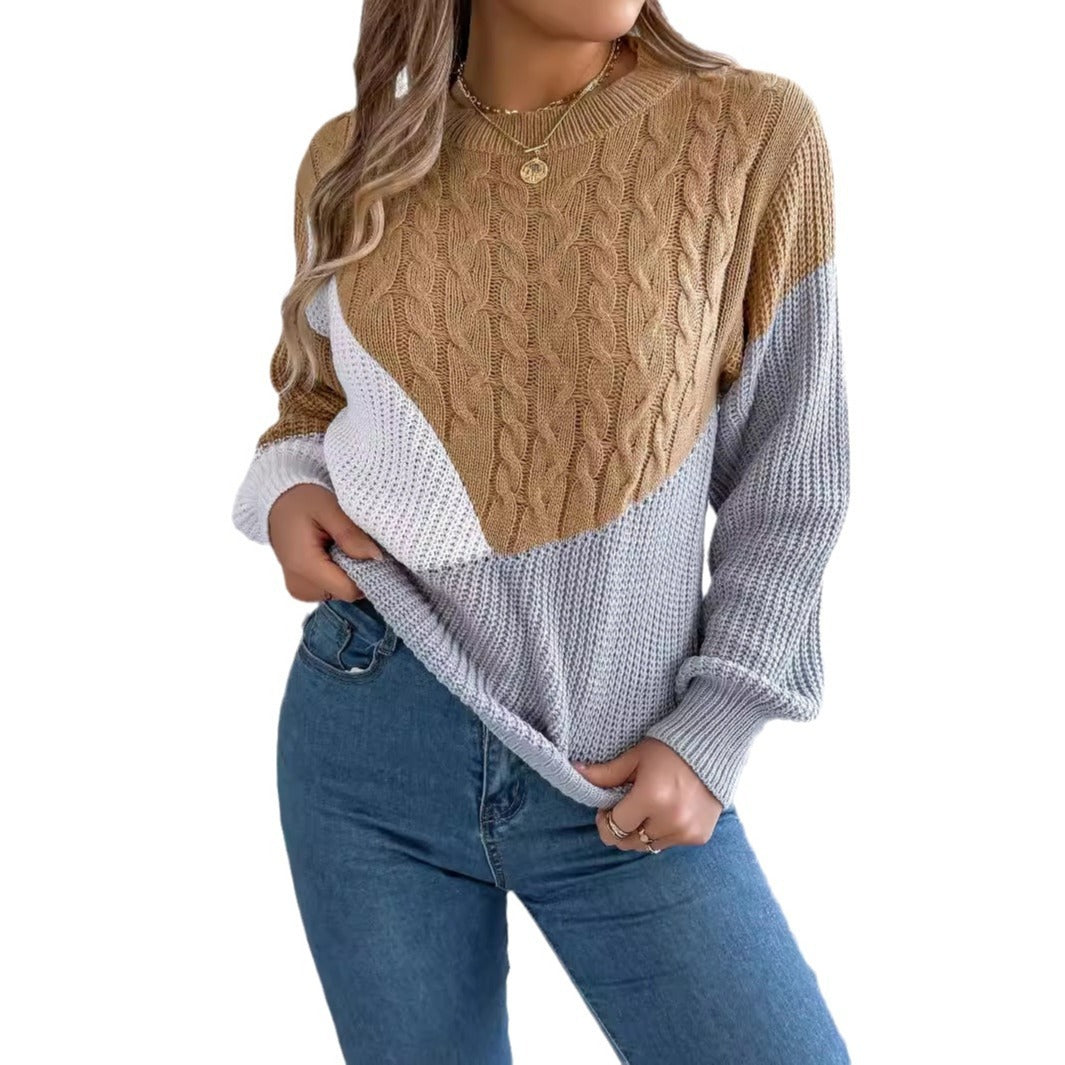 Women's Contrast Color Twist Long Sleeve Pullover Sweater