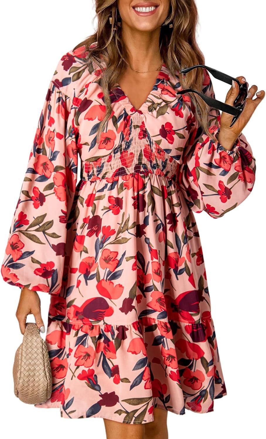 Floral V-Neck Long Sleeve Dress – Pleated with Elastic Waist for a Flattering Fit