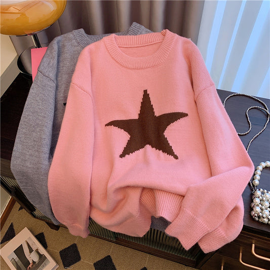 Idle Style Crew Neck Pullover Sweater with Five-Pointed Star Design