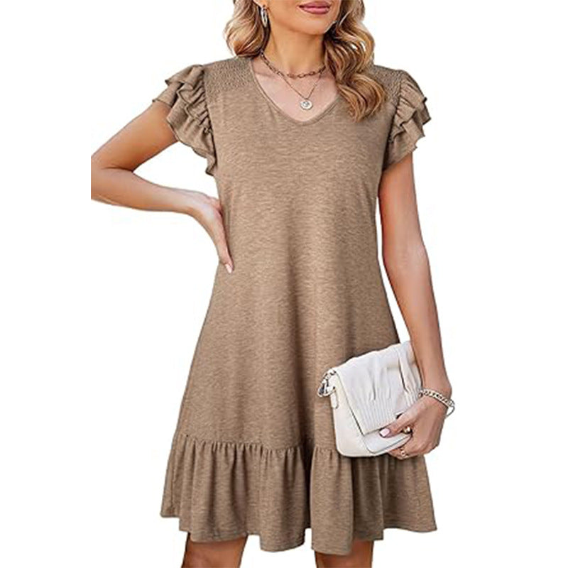 Women's V-Neck Ruffled Loose-Fit Waist Short Sleeve Dress