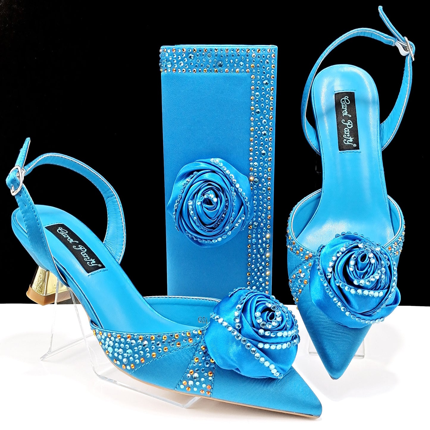 Women's Handmade Flower-Decorated Shoes and Bag Set – High-Temperature Rhinestone Satin High Heels