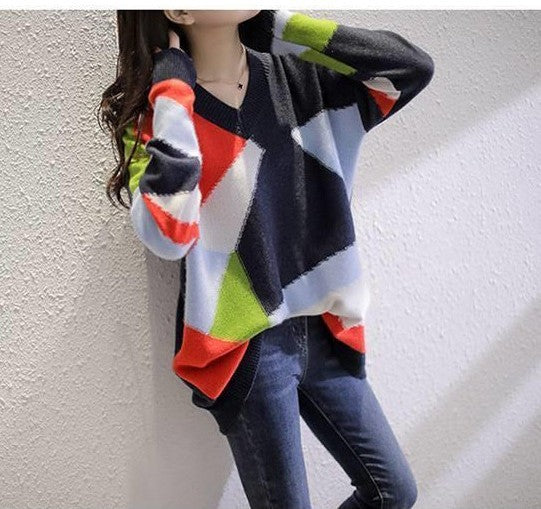 Women's V-Neck Knitted Sweater in Rainbow Colors – Casual Style