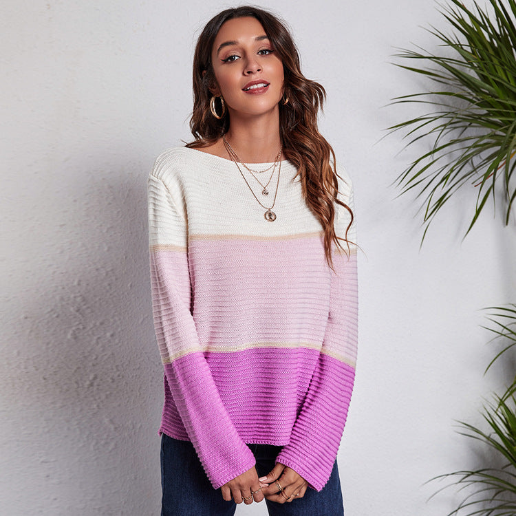 Contrast Color Striped Off Shoulder Oversized Knitted Sweater