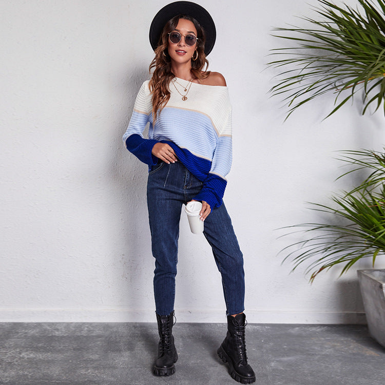 Contrast Color Striped Off Shoulder Oversized Knitted Sweater