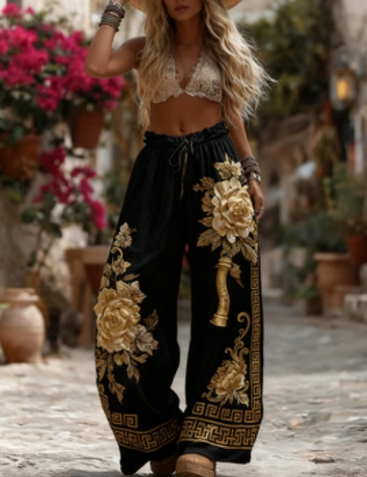 Women's Elegant Floral Print Wide-leg Pants