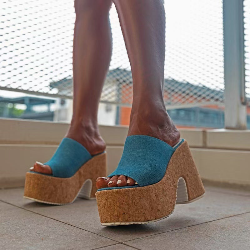 Women's Light Blue Platform Slippers with One-Line Strap Design