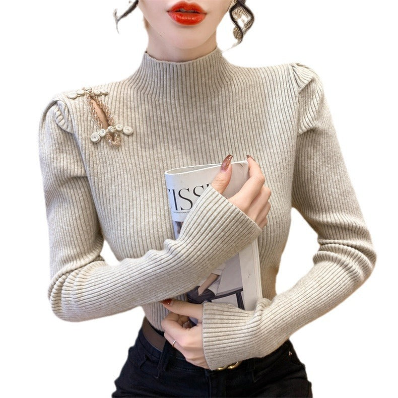 Women's Autumn and Winter National Style Puff Sleeve Half Turtleneck Slim-Fit Sweater