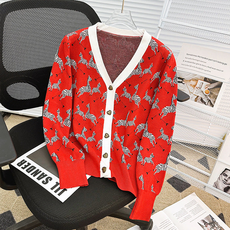 Women's Red Western-Style Zebra Jacquard V-Neck Long-Sleeve Coat