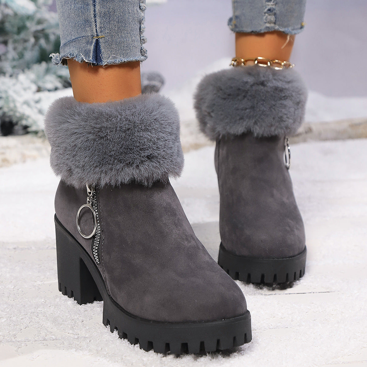 Women's Snow Velvet Thermal Thick-Heeled Short Boots – Winter Warm and Stylish Footwear