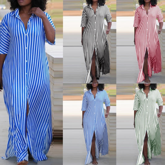 Women's Loose V-Neck Long Striped Shirt Dress