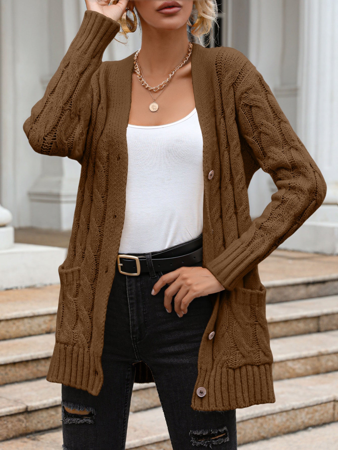 Women's Solid Color Twisted Single-Breasted Knitted Cardigan